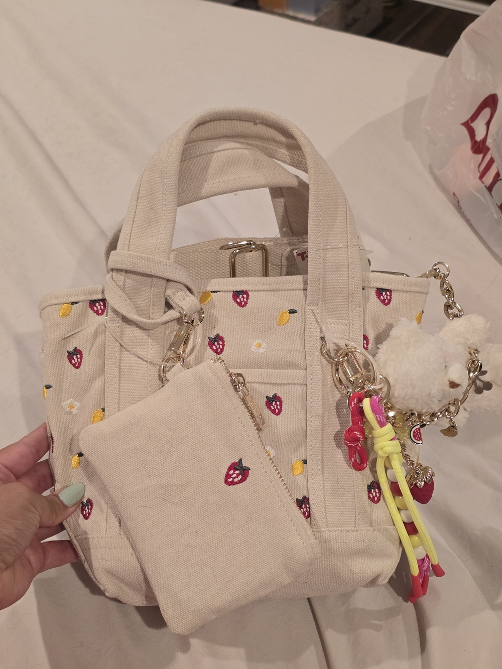 Madden Girl Cream Canvas Mini Tote with Strawberry & Lemon Print